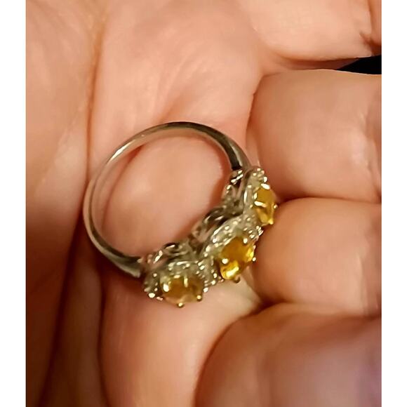 Citrine Halo Ring Size 8/Citrine Three Stone Ring/Oval Cut/ White Topaz Halo - Picture 2 of 6